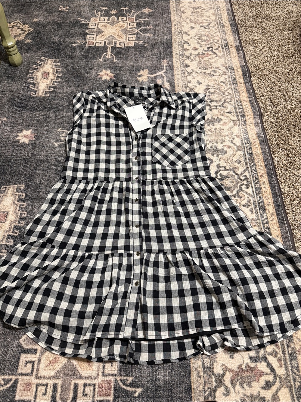 Black & White Gingham Button-Front Midi Dress